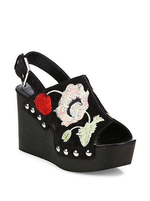 Alexander McQueen - Floral-Embroidered Suede Wedge Slingbacks