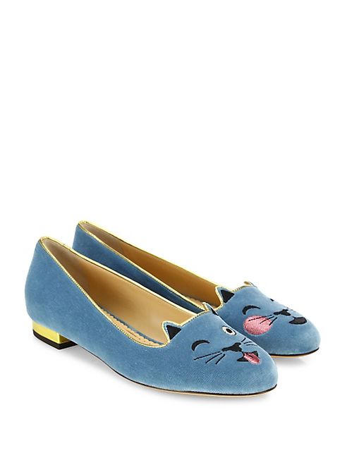 Charlotte Olympia - Velvet Cheeky Emoticon Kitty Flats