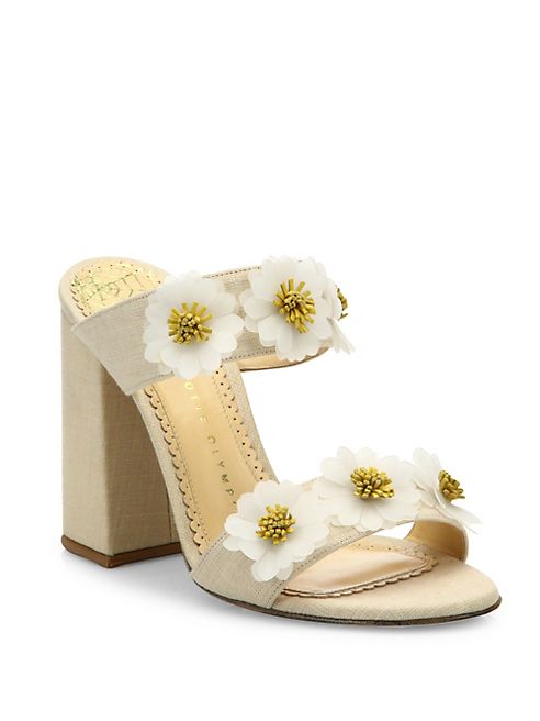 Charlotte Olympia - Rosette Floral-Embroidered Linen Block Heel Mules