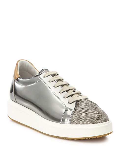 Brunello Cucinelli - Monili-Beaded Metallic Leather Platform Sneakers