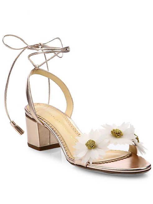 Charlotte Olympia - Tara Flower Metallic Leather Block-Heel Sandals