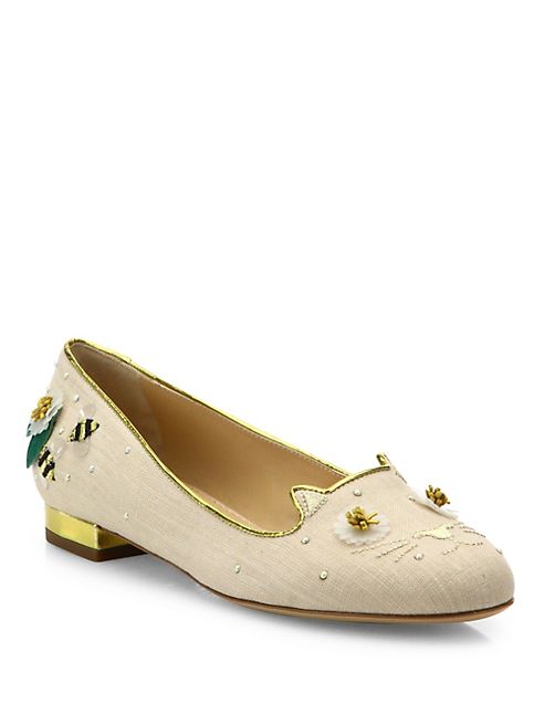 Charlotte Olympia - Kitty Floral-Embroidered Linen Flats