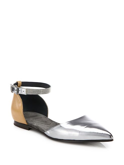 Brunello Cucinelli - Monili-Beaded Metallic Leather d'Orsay Ankle-Strap Flats