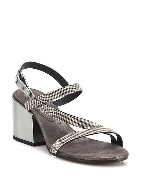 Brunello Cucinelli - Monili-Beaded Metallic Leather Block Heel Sandals