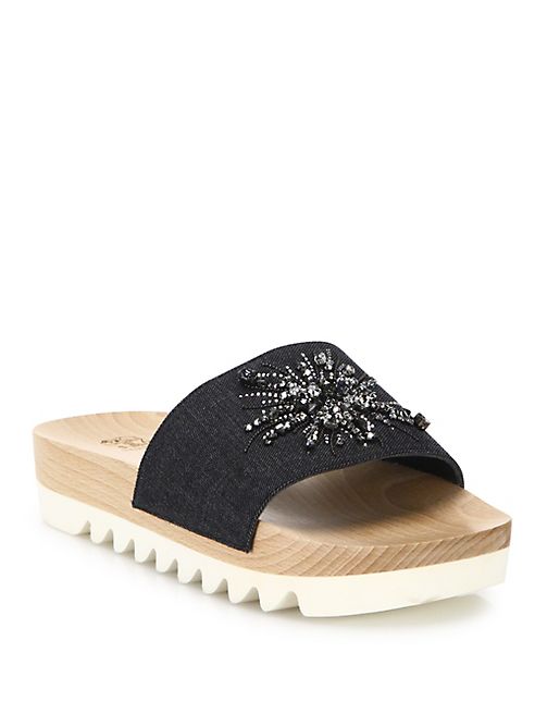 Brunello Cucinelli - Crystal-Embellished Denim Slides