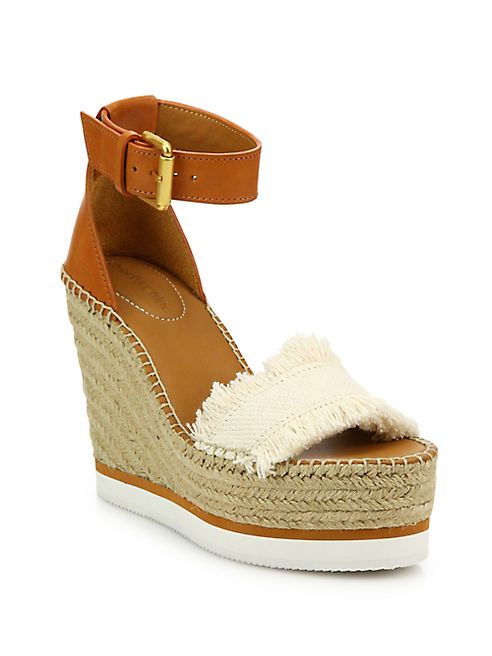 See by Chloé - Glyn Leather & Frayed Canvas Espadrille Wedge Platform Sandals