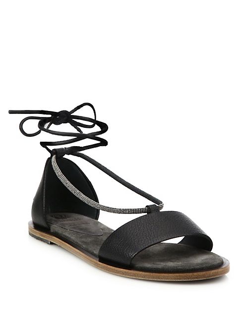 Brunello Cucinelli - Monili-Trim Leather Ankle-Wrap Sandals