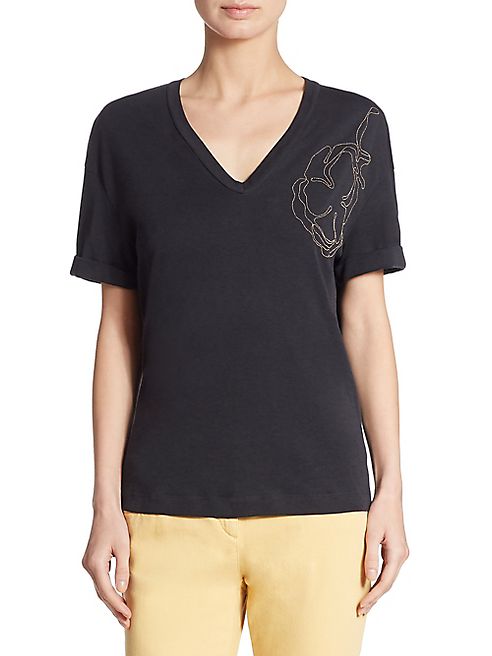 Brunello Cucinelli - Beaded Cotton V-Neck Tee