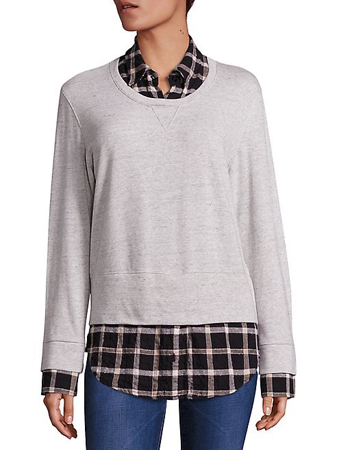 MONROW - Double Layer Flannel Plaid Sweatshirt