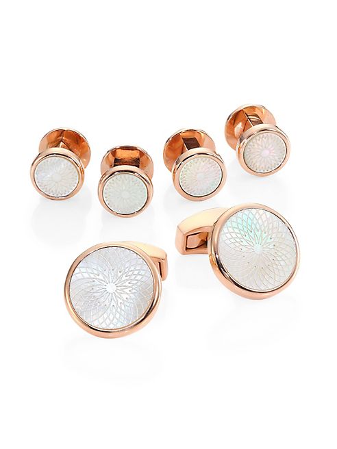 Tateossian - Rotondo Guilloche Mother-of-Pearl Rose Goldplated Cufflinks & Shirt Studs Set