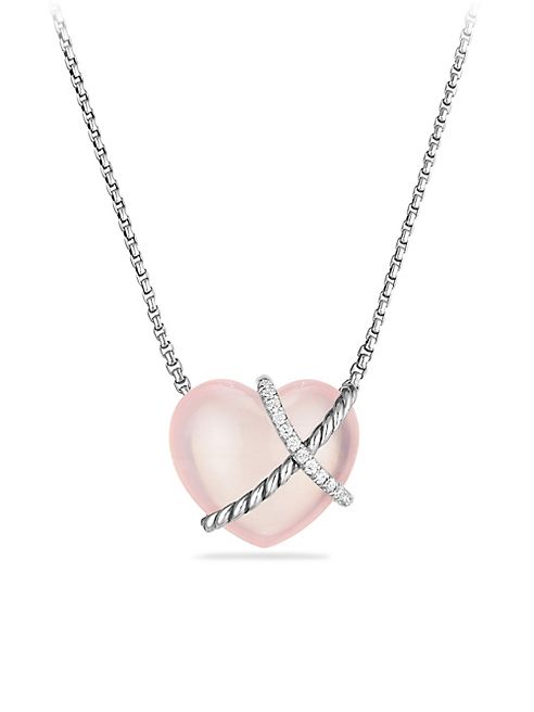 David Yurman - Cable Wrap Sculpted Heart Necklace with Milky Rose Quartz and Diamonds