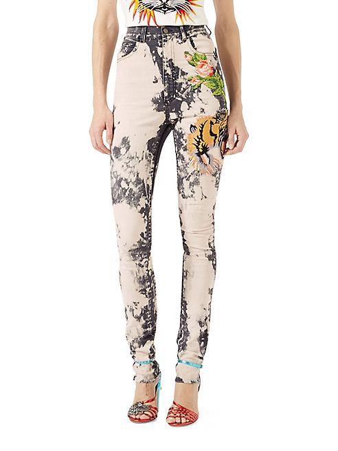 Gucci - Embroidered Stretch Denim Skinny Pants