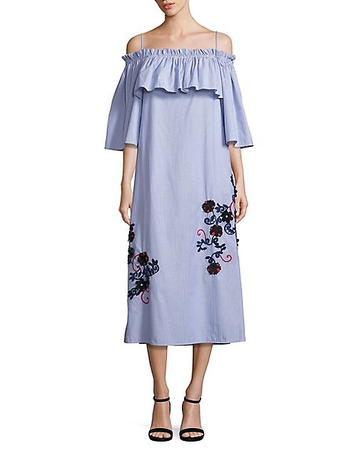 SUNO - Embroidered Off-the-Shoulder Pinstriped Flare Dress