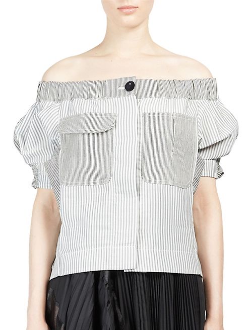 Sacai - Hickory Stripe Off-The-Shoulder Shirt