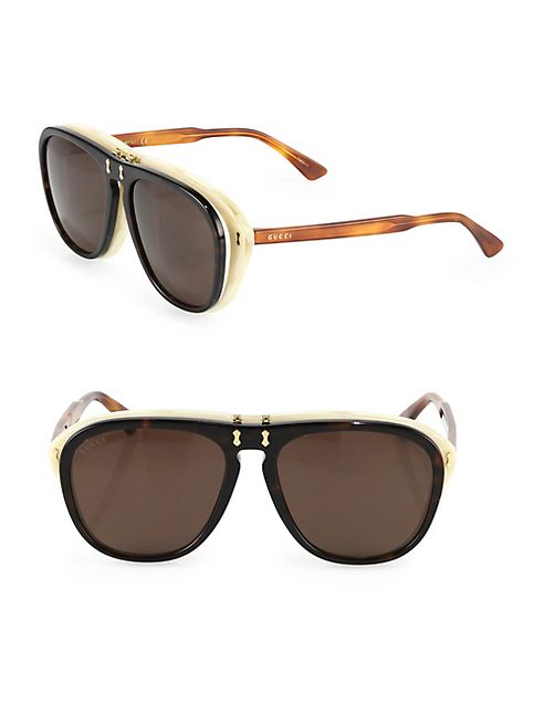 Gucci - 56MM Flip-Up Pilot Sunglasses