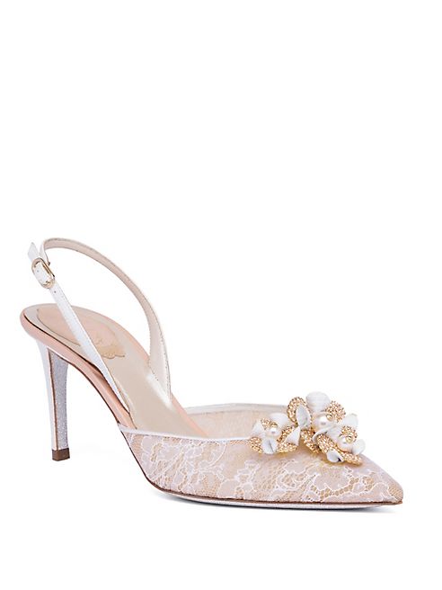 Rene Caovilla - Embellished Lace & Snakeskin Slingbacks