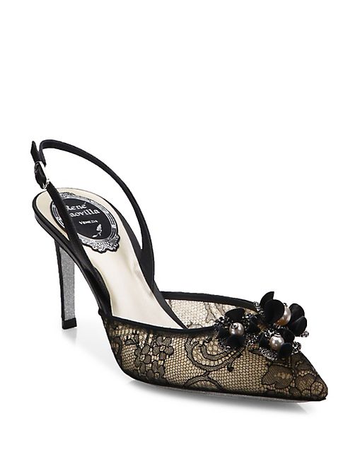 Rene Caovilla - Embellished Lace & Snakeskin Slingbacks