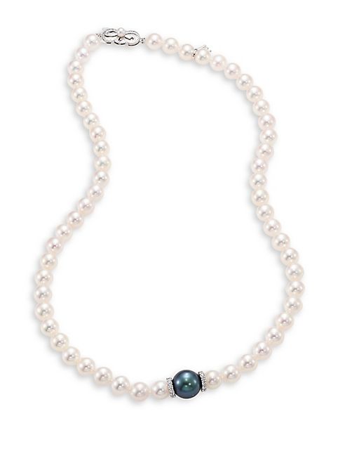 Mikimoto - Basic 7MM-11MM White Cultured Akoya & Black South Sea Pearl, Diamond & 18K White Gold Necklace