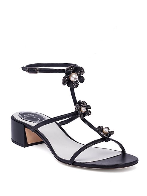 Rene Caovilla - Embellished Leather T-Strap Block Heel Sandals