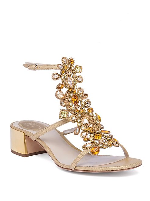 Rene Caovilla - Crystal-Embellished Snakeskin T-Strap Block Heel Sandals