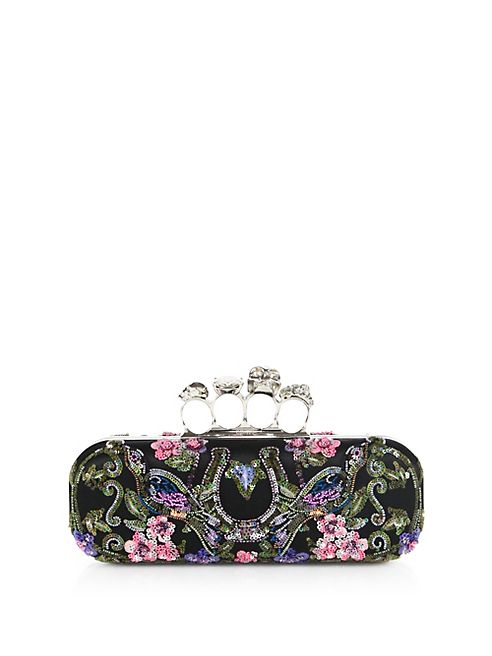 Alexander McQueen - Floral-Embroidered Satin Knuckle Clutch