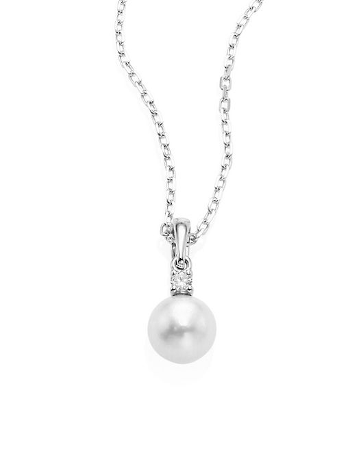 Mikimoto - 6MM White Cultured Akoya Pearl, Diamond & 18K White Gold Pendant Necklace