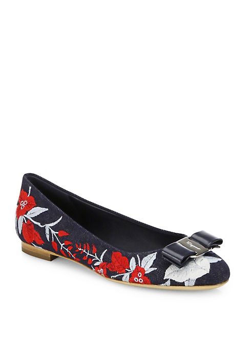 Salvatore Ferragamo - Varina Floral-Embroidered Denim Flats