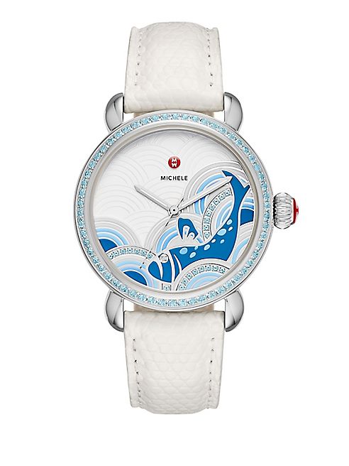 Michele Watches - Seaside Diamond, Topaz && Lizard-Embossed Leather Strap Watch