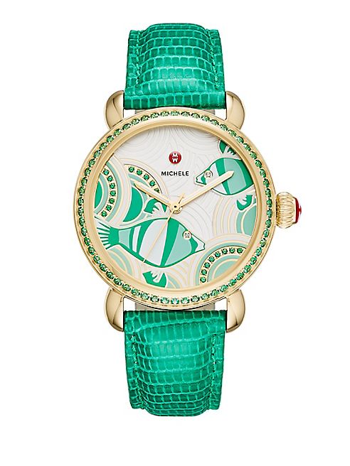 Michele Watches - Seaside Diamond, Topaz & Lizard-Embossed Leather Strap Watch