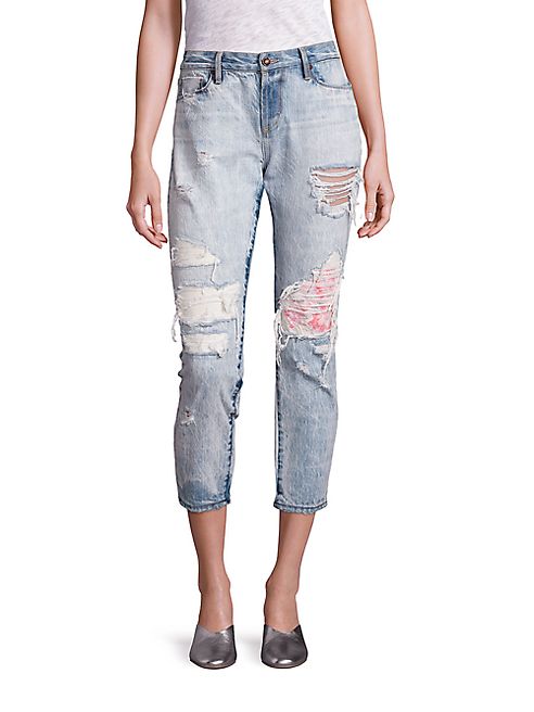 Tortoise - Savanna Floral Embroidered Patch Cropped Jeans