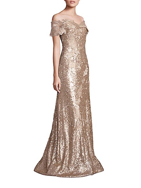 RENE RUIZ - Off-the-Shoulder Sequin Lace Applique Gown