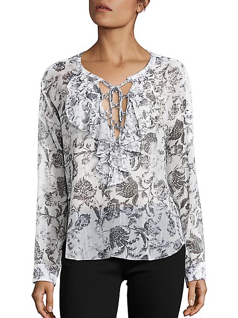 The Kooples - Baroque Print Ruffle Lace-Up Top