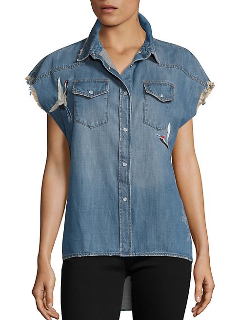 The Kooples - Frayed Embroidered Denim Shirt