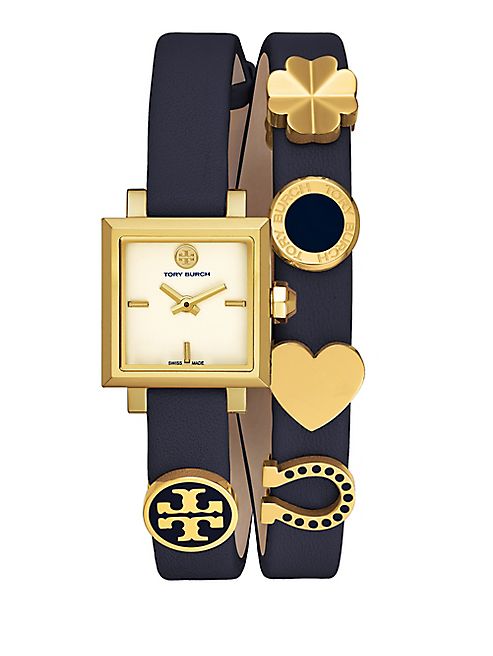 Tory Burch - Saucy Goldtone Stainless Steel & Double Wrap Leather-Strap Watch