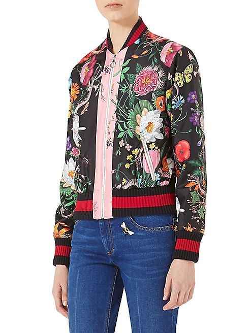 Gucci - Flora Snake Print Silk Bomber