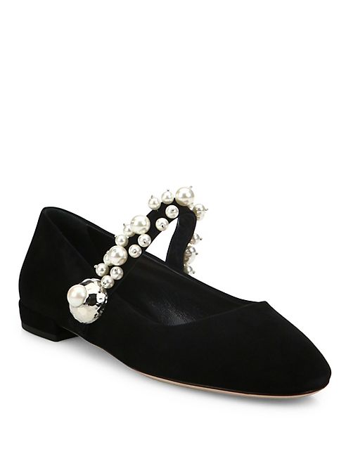 Miu Miu - Pearl Bead Strap Suede Mary Jane Flats