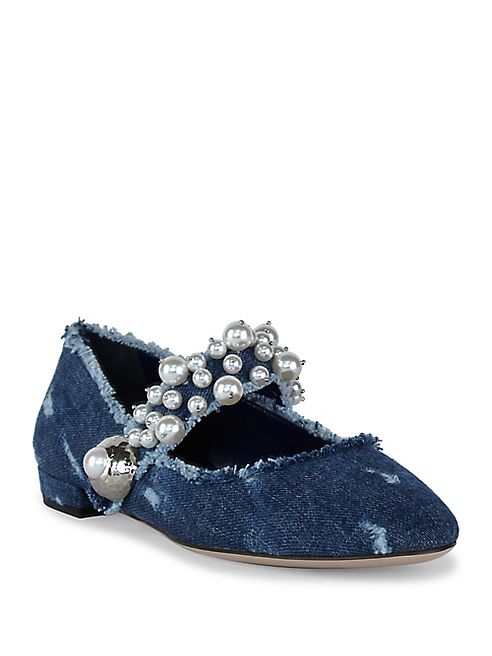 Miu Miu - Pearl Bead Trim Frayed Denim Mary Jane Flats