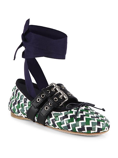 Miu Miu - Belted Woven Multicolor Leather Ankle-Wrap Ballet Flats