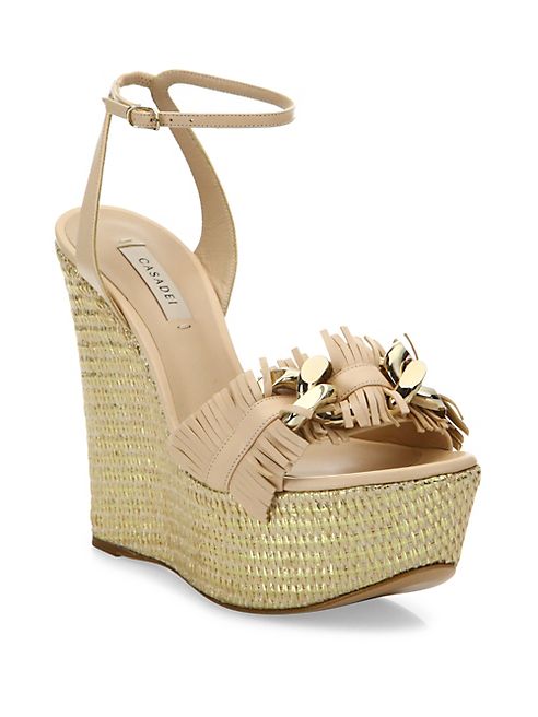 Casadei - Leather Fringe Espadrille Wedge Sandals