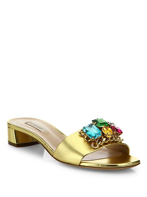 Casadei - Jeweled Metallic Leather Slides