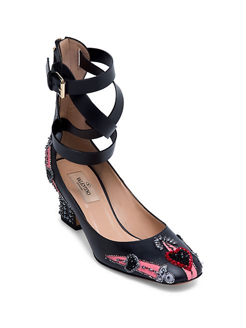 Valentino - Love Blade Embroidered Leather Ankle-Wrap Pumps