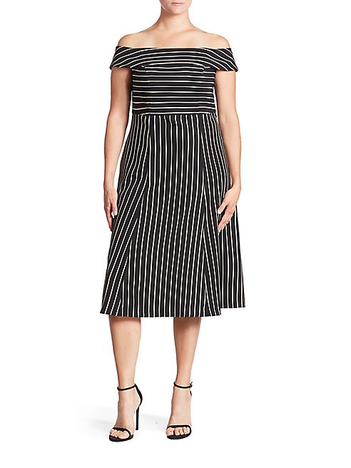 ABS, Plus Size - Pinstripe Off-The-Shoulder Dress