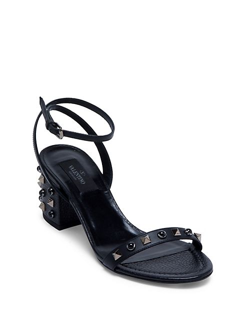 Valentino - Rockstud Leather Ankle-Wrap Block Heel Sandals