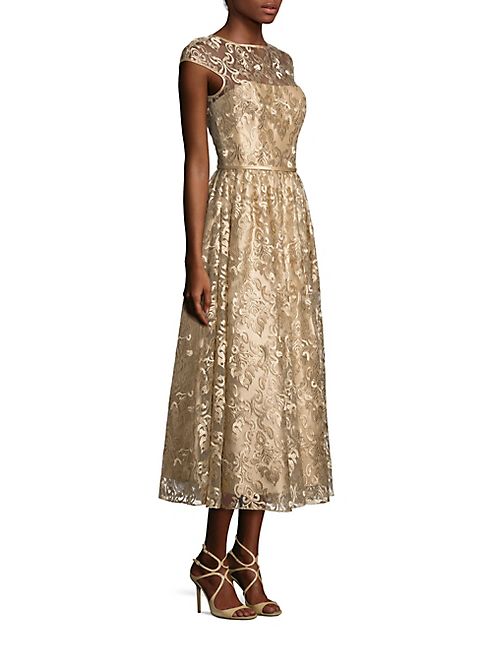 Theia - Metallic Embroidered Midi Dress