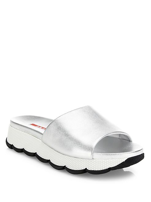 Prada - Metallic Leather Platform Slides