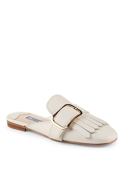 Prada - Kiltie Buckle Leather Mule Slides