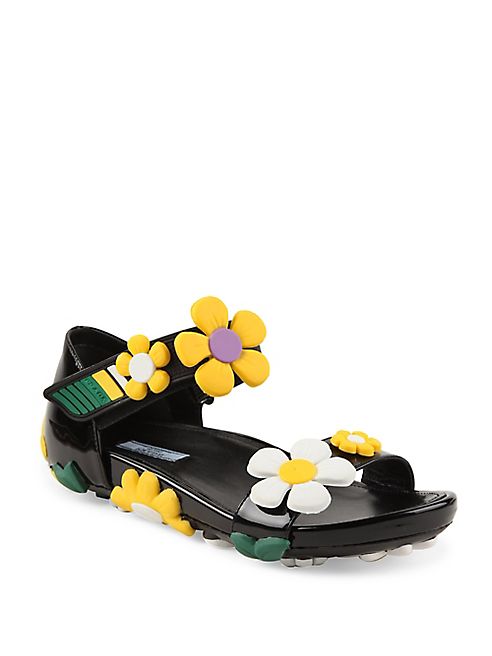 Prada - Flower-Embellished Patent Leather Grip-Tape Sandals