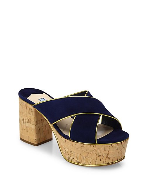 Prada - Suede & Cork Crisscross Platform Mules