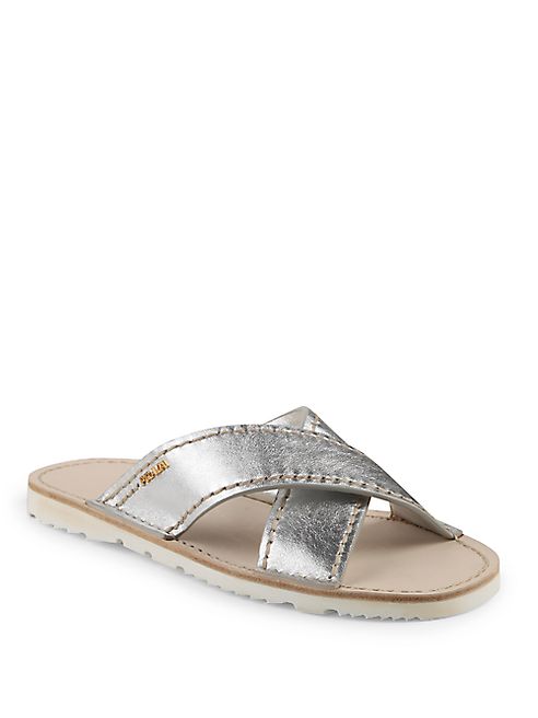 Prada - Metallic Leather Crisscross Slides