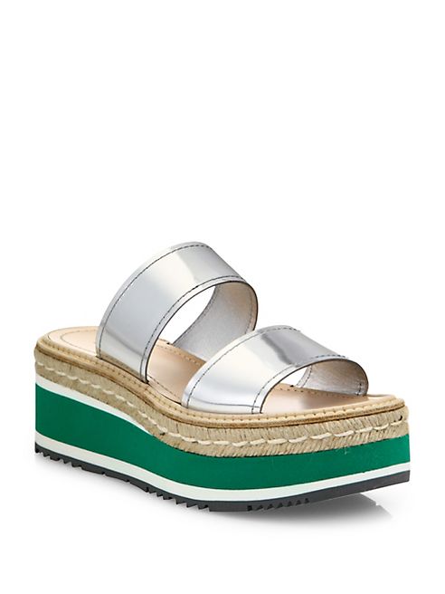 Prada - Metallic Leather Espadrille Platform Slides